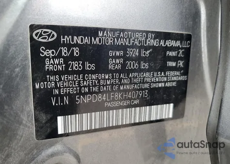 2019 Hyundai Elantra Sel z USA, uszkodzony, nr VIN 5NPD84LF8KH407913